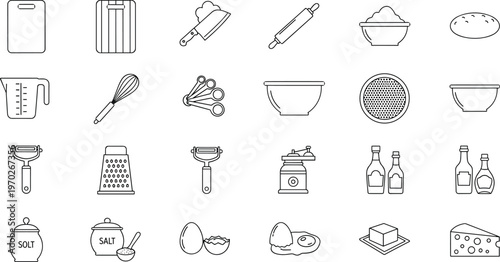 Kitchen utensils line art vector icons set for cooking and baking tools collection