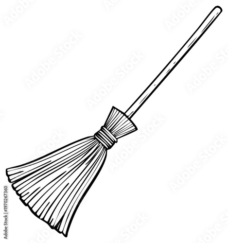 Whimsical witch's broomstick hand-drawn illustration for Halloween and fantasy themes