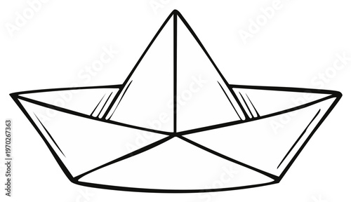 Classic origami paper boat line drawing black and white vector illustration