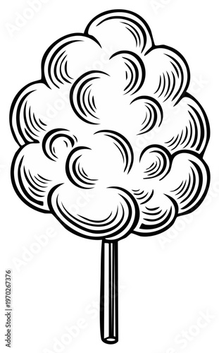 Black and white illustration of a cotton candy on a stick