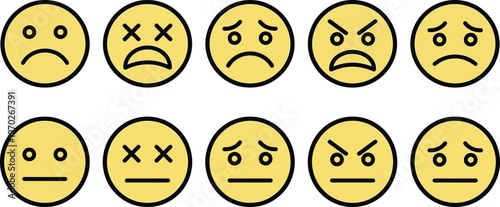 Sad and angry emoji face icon set. Negative emotion emoticons collection. Disappointed, frustrated, dead and neutral expressions. Yellow round smiley symbols. Vector illustration.
