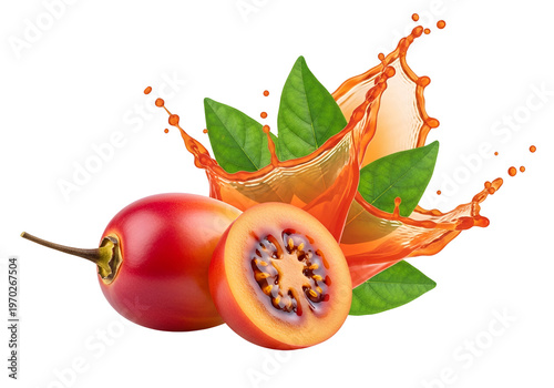 Vibrant tamarillo fruit slices and leaves, with a dynamic juice splash, create a juicy and refreshing image.