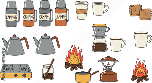 Camping cooking equipment vector set with thermos, kettle, coffee maker, campfire, portable stove and outdoor kitchen elements illustration