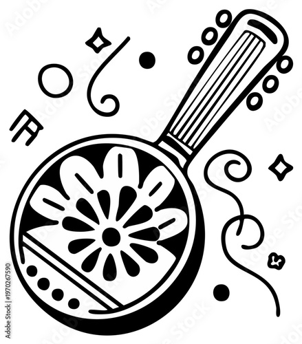 Illustration of a banjo with floral design and decorative elements.