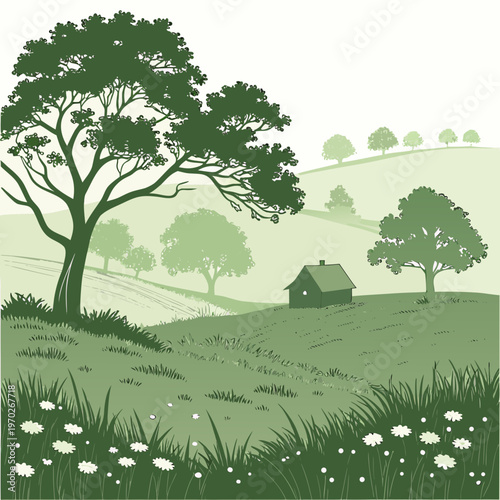 A serene landscape illustration depicts a small rustic cabin nestled amidst rolling green hills and lush leafy trees high quality