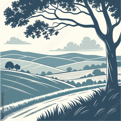 A stylized illustration depicts a solitary tree overlooking rolling hills and a winding path evoking a peaceful landscape high quality
