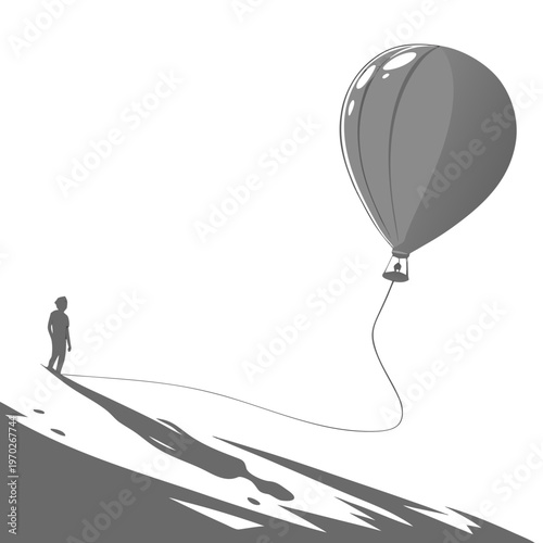 A minimalist illustration depicts a small figure gazing upwards at a large dark balloon suspended by a string high quality