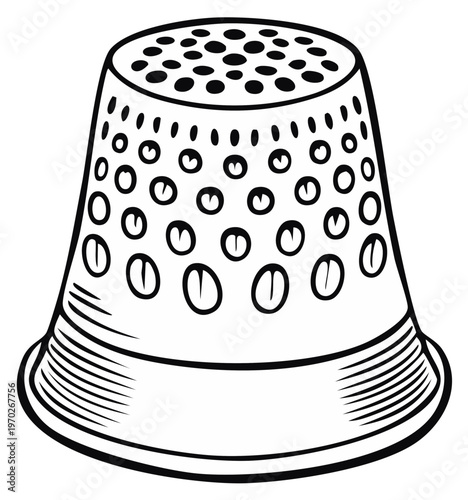 Black and white illustration of a sewing thimble with perforated dots and circles