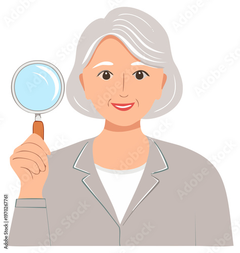 Mature woman holding a magnifying glass, examining something with curiosity