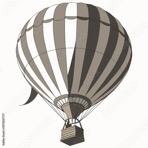 A digitally rendered hot air balloon with alternating gray and white stripes floats above featuring a woven basket below