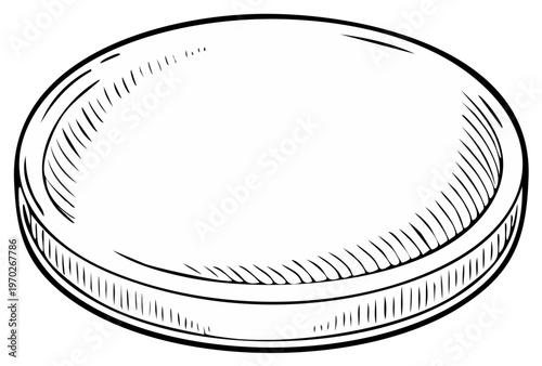 Hand drawn sketch of a simple round coin with shaded details and a textured rim