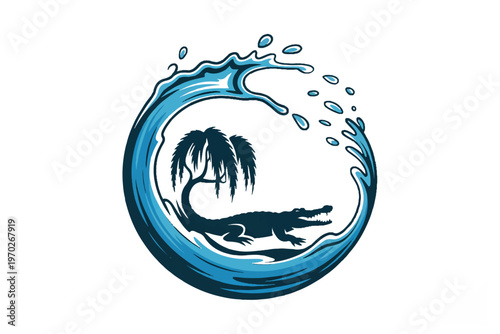 Creative coastal logo design featuring dark crocodile silhouette and palm tree enclosed within stylized circular blue ocean wave splash.