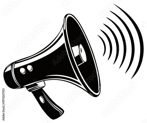 Classic megaphone with sound waves emitting from it on white background broadcasting loud