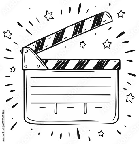 Hand drawn clapperboard graphic illustration. Film production clapboard isolated. Starry movie making tool illustration. Outline and doodle style illustration.