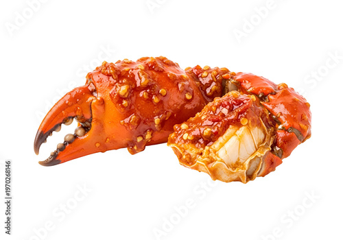 Close-up view of a spicy crab claw, showcasing its vibrant orange-red sauce and detailed texture against a stark black background.