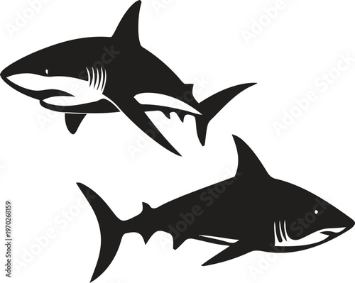Two stylized black shark silhouettes positioned diagonally on a plain white background for design