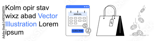E-commerce, subscriptions, online shopping, financial management, digital payments, retail marketing. Calendar with subscription icon, shopping bag falling coins. E-commerce and subscriptions