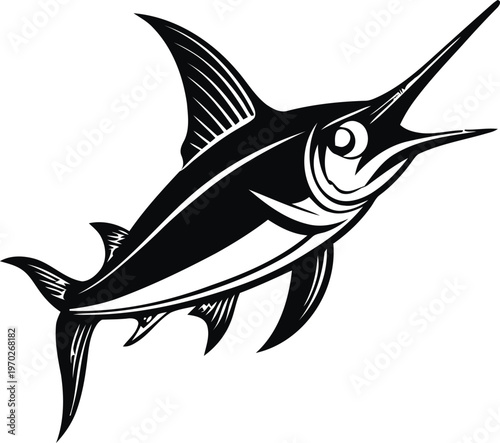 A detailed black and white illustration of a swordfish swimming in a dynamic and elegant pose