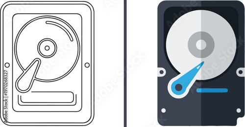 A vector graphic comparing a simple line-art hard drive icon on the left with a detailed, flat-design hard drive featuring blue accents on the right, separated by a vertical line.