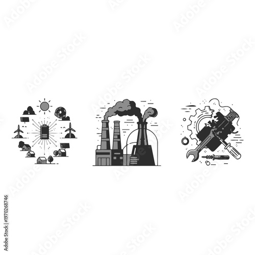industrial factory emission pollution concept vector illustration design
factory smoke pollution environmental impact minimal line art vector
industrial air pollution system process illustration clean