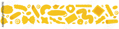 Italian pasta set. Spaghetti, penne, farfalle, ravioli. Collection of traditional pasta. Horizontal banner for food design. Flat vector illustration isolated on white background.