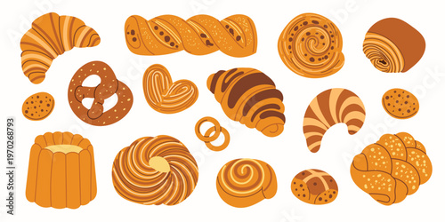 Bakery set with buns and pastries. Croissant, pretzel, braided bread, sweet rolls and cookies. Collection of baked goods for menu, food design. Flat vector illustration isolated on white background.