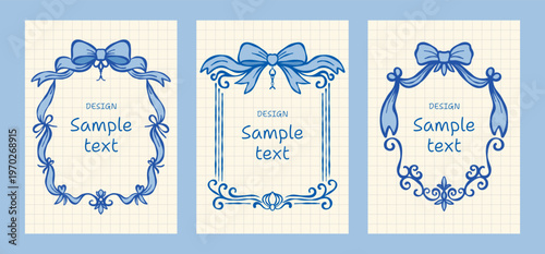 Set of elegant blue ornamental frames with ribbon bows, vintage flourishes and decorative borders, refined romantic label collection for invitations, cards and feminine stationery. Vector illustration