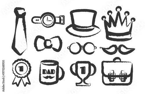 Hand Drawn Elements set in Doodle Style for Man or Father's Day. Mens Gentleman Icons Collection in Charcoal pencil Brush. World's Best Dad Trophy Number 1 Dad Award Super dad sash Hat Tie. Father