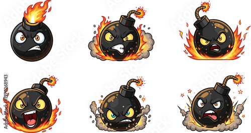 Tableau sur toile Explosive Bomb Cartoon Icon Set with Fire, Smoke, and Impact Effects for Gaming, Emotes, and Digital Art