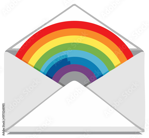 Open White Envelope Delivering a Vibrant Rainbow Arc with Colorful Layers
