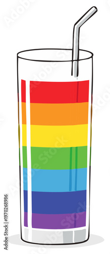 Colorful drink in a glass with straw, rainbow layered colors illustration