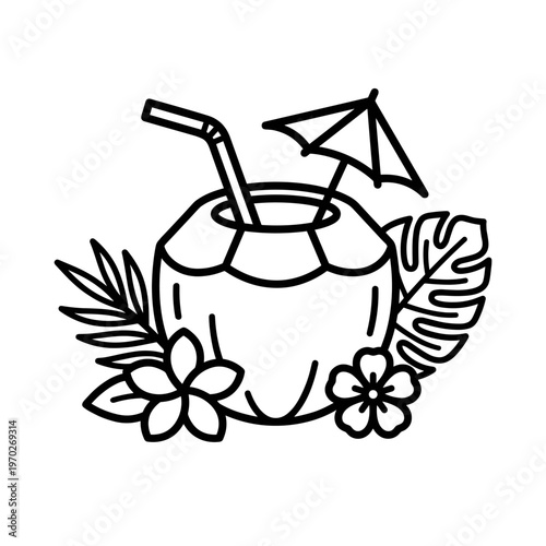 Tropical coconut drink with straw and umbrella, tropical leaves and flower