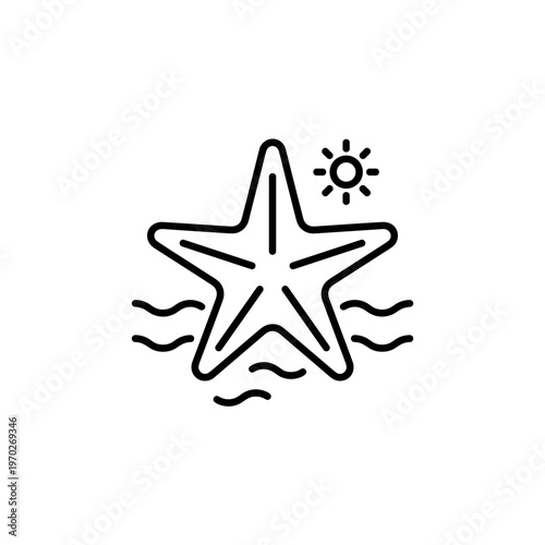 Starfish in water with sun, simple line art illustration