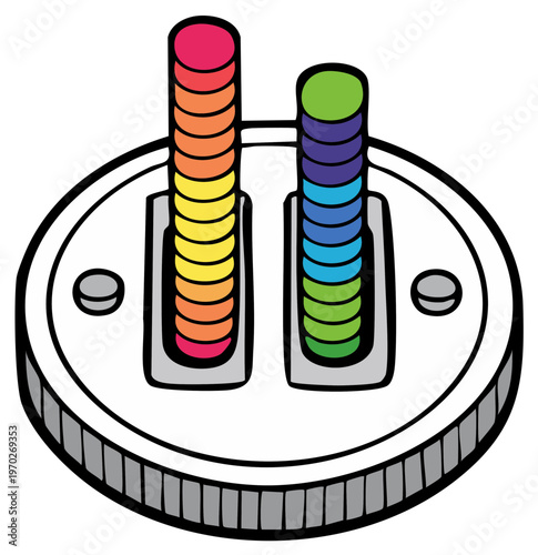 Illustration of two colorful stacked coin columns on a round object.