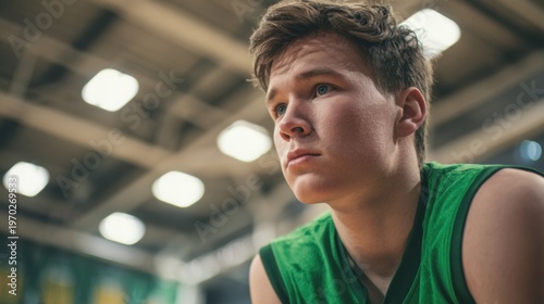 Young male basketball player resting in indoor gymnasium