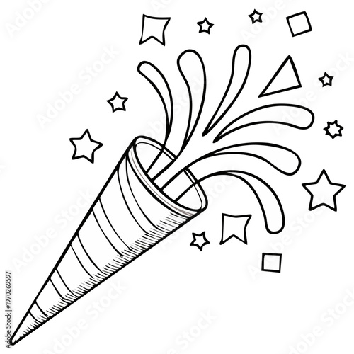 Party popper exploding with confetti and stars