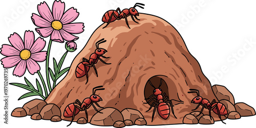 Ant colony hill vector illustration featuring red ants working around anthill with flowers cartoon style isolated on white