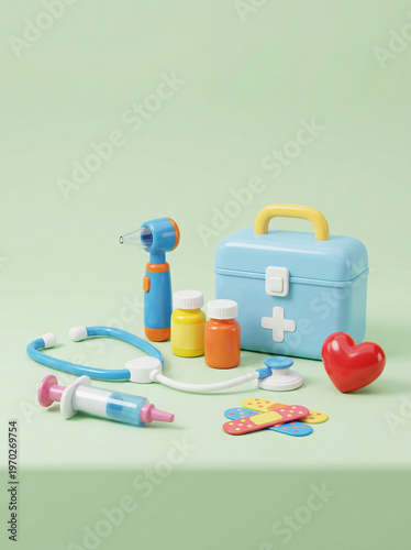 Colorful kids medical toy set on a green background