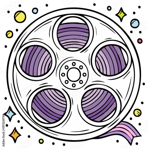 Cartoon film reel illustration with whimsical colorful design elements for entertainment and movies.