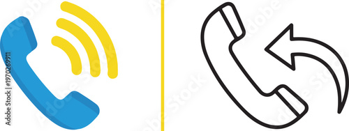Minimalist telephone icons featuring a blue handset with yellow signal waves and a black outline handset with an incoming call arrow. Perfect for contact, support, and communication interface design.