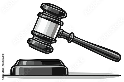 Illustrated depiction of a gavel and sound block, representing justice and law.
