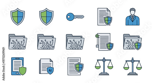 Collection of security and legal concepts represented by icons including shields keys documents folders with circuits and scales of justice illustrating digital protection data access and