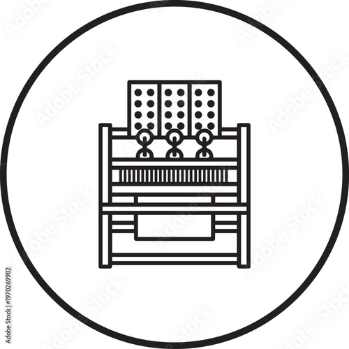 Historical Jacquard Loom Vector Icon Featuring Punched Cards for Textile Manufacturing, Industrial Heritage, Fashion Tech, Pattern Design, and Educational Materials Showcasing Early