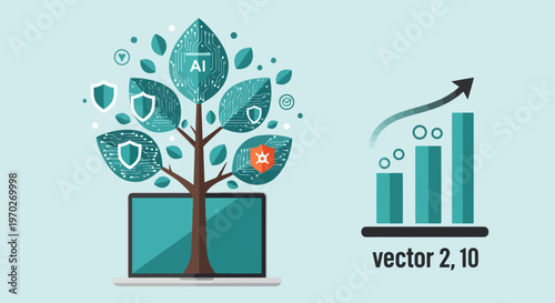 Digital growth represented by a flourishing tree emerging from a computer screen symbolizing technological advancement and data security concepts alongside a rising bar chart indicating positive