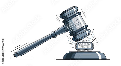 Judicial gavel striking a digital chip representing fair digital ruling and legal process for technology and online commerce disputes resolution in a connected world of data and information