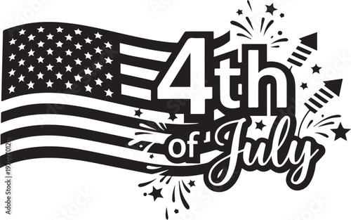 Patriotic 4th of July, American Flag, Independence Day Vector Illustration, Black and White