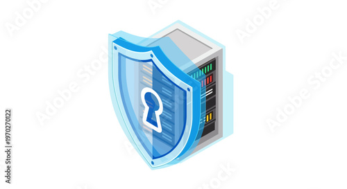 Digital server computer system protected by a transparent blue shield with a keyhole symbol indicating data security and network protection services safeguarding information technology