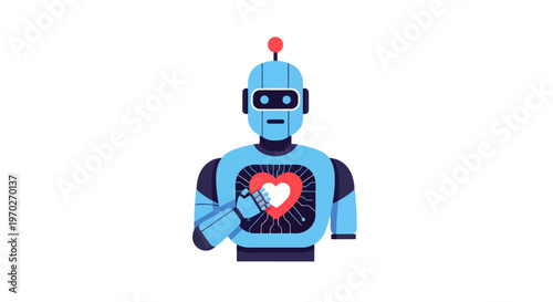 Artificial intelligence bot with advanced mechanical engineering displays a glowing heart symbol representing compassion and technological advancement in future innovations and digital solutions