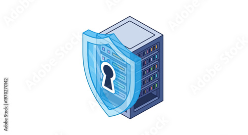 Digital security concept illustrated with a translucent shield protecting a server rack symbolizing data protection network safety and cybersecurity measures for information technology