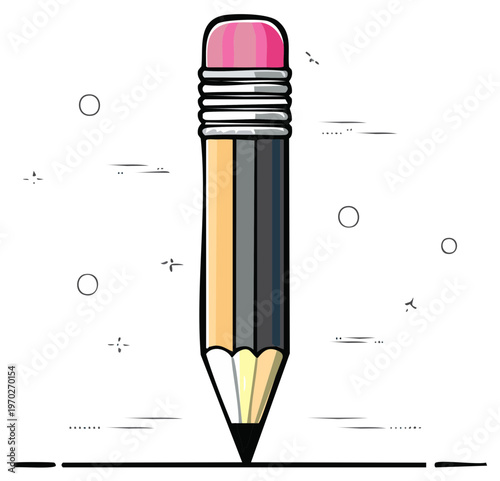 Illustration of a yellow and gray pencil with pink eraser drawing a black line on a white background